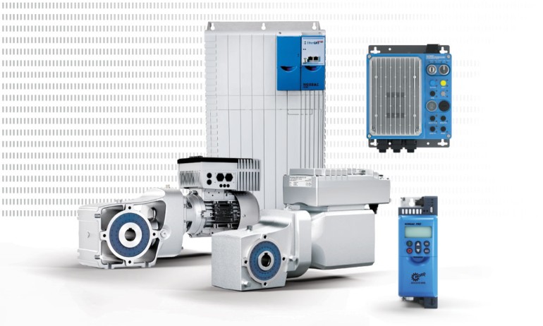 NORDAC ON VFD on a UNICASE SI gear unit with an IE3 motor and NORDAC ON+ VFD on a helical bevel gear unit with an IE5+ motor.